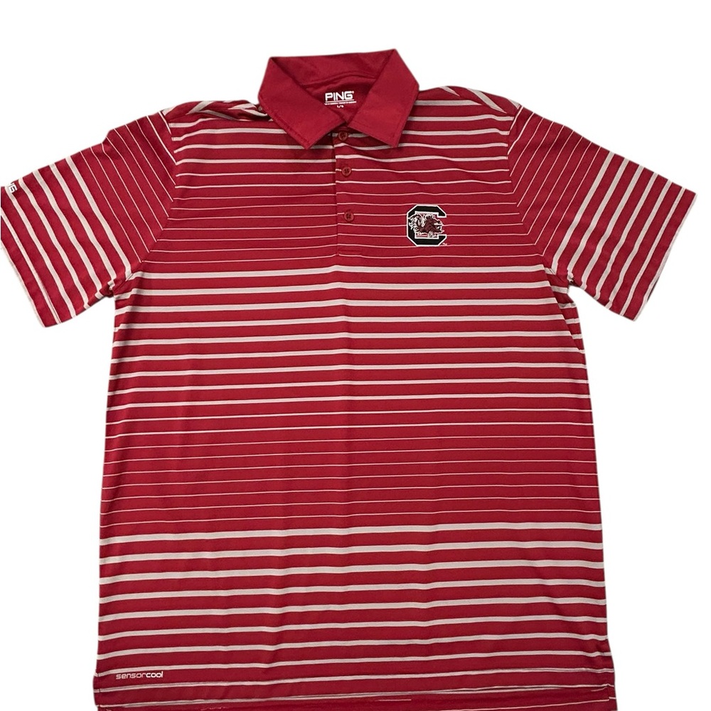 Ping‎ Men's Crimson Striped USC Gamecocks Golf Polo L Polyester Casual Carolina